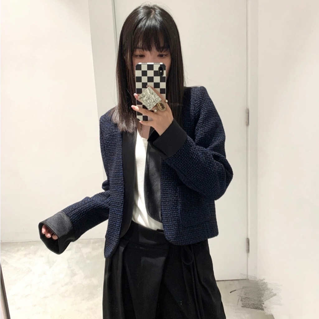Ce Style Dark Blue Collarless Open-Front Contrast-Trim Tweed Cropped Jacket